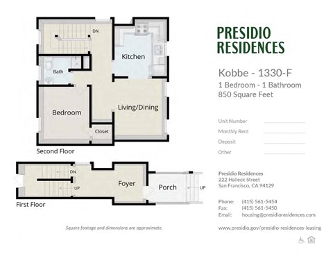 Floor plan for 1 bed, 1 bath, 850 sqft